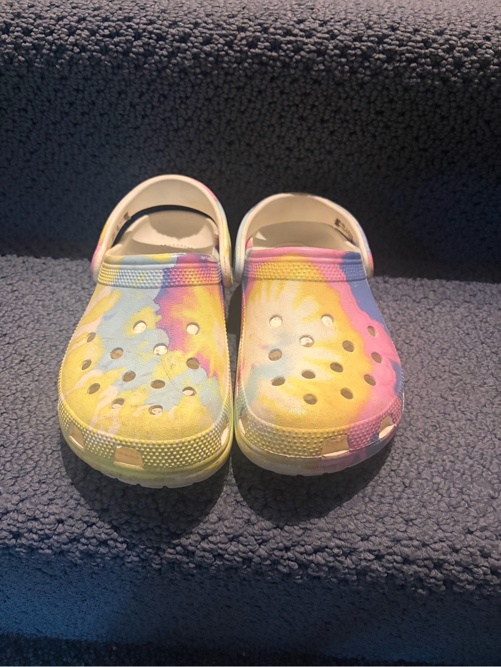 CROCS Tie-Dye Mules in Yellow, Pink & Blue